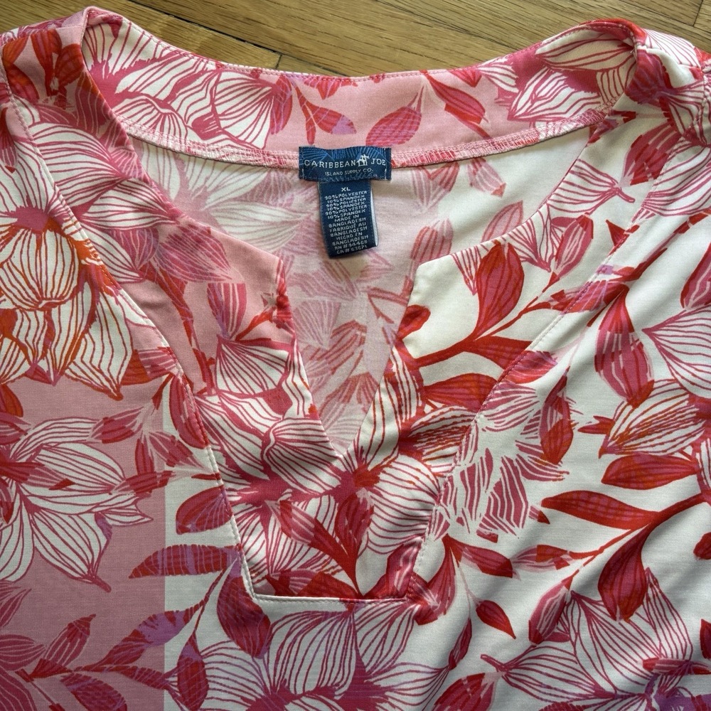 Caribbean Joe Pink Floral Dress XL 3/4 sleeve V neck knee length Hawaiian Resort - Picture 5 of 8